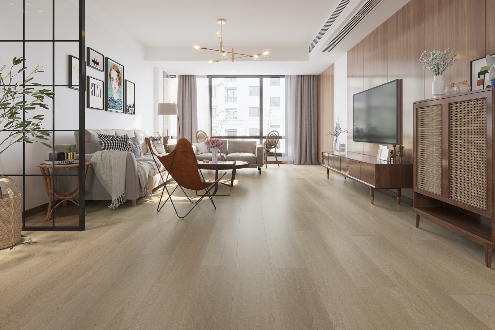 Interior visualisation with pale timber-effect flooring