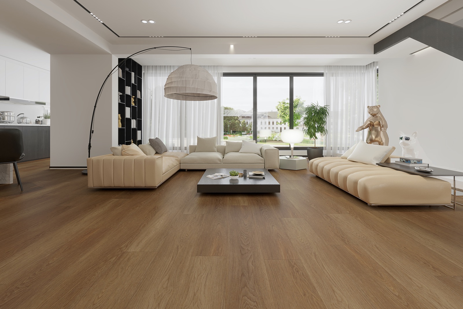 Interior visualisation with warm brown timber-effect flooring