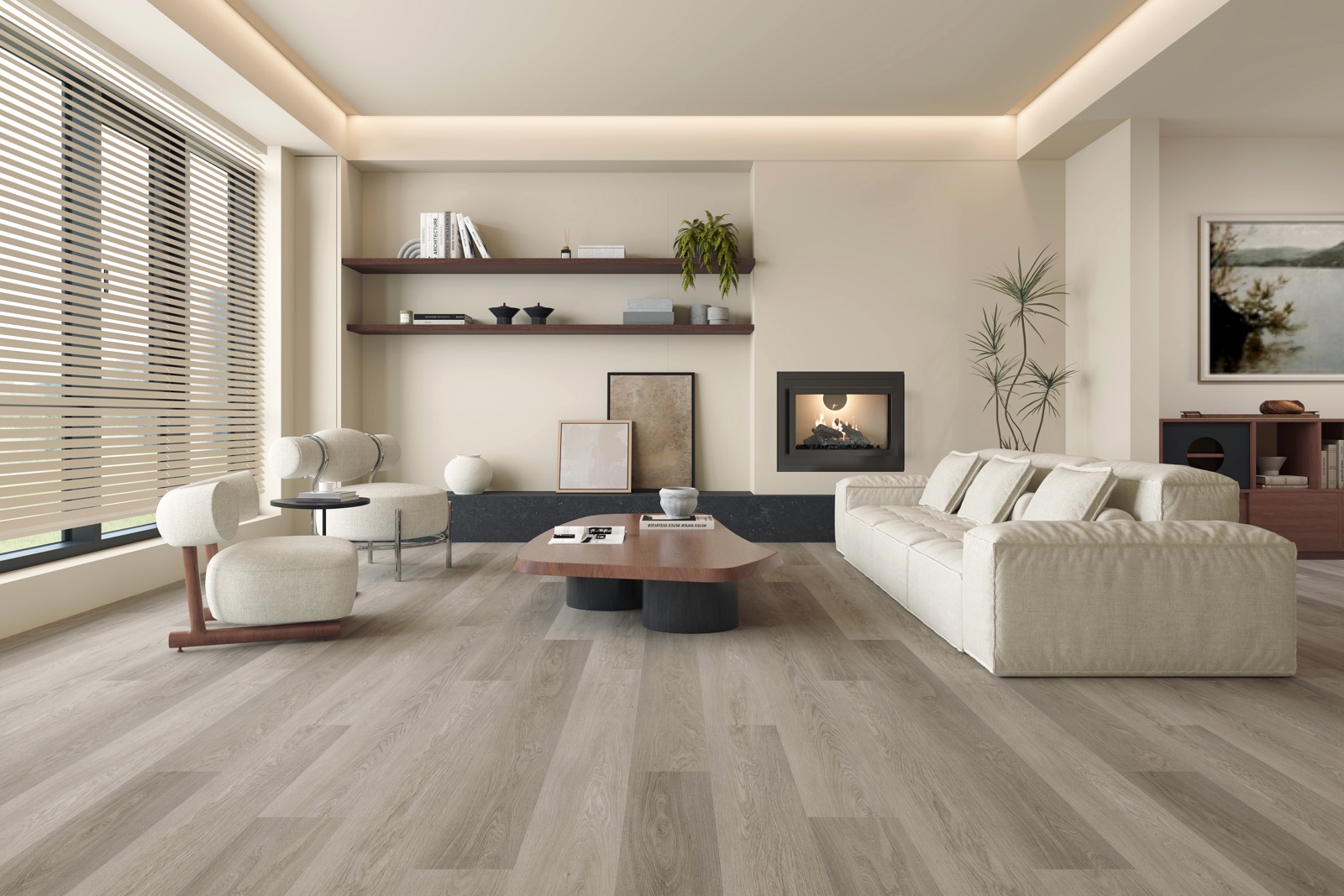 Interior visualisation with light neutral timber-effect flooring