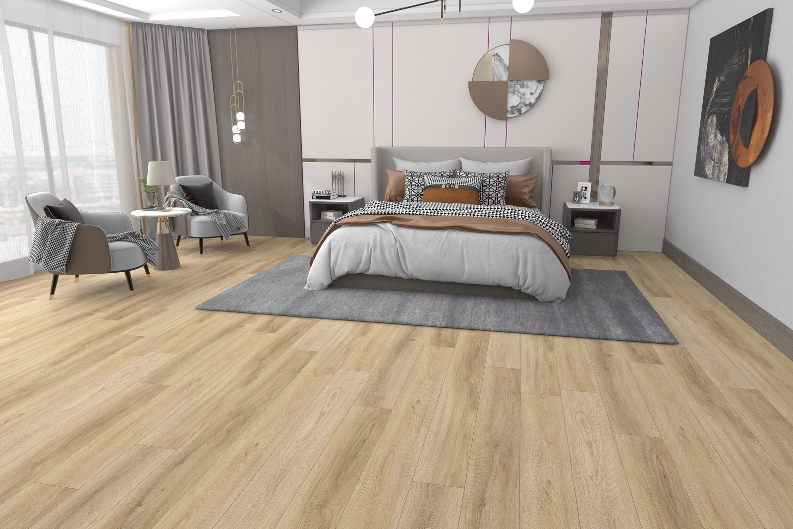 Interior visualisation showing Massy Oak flooring