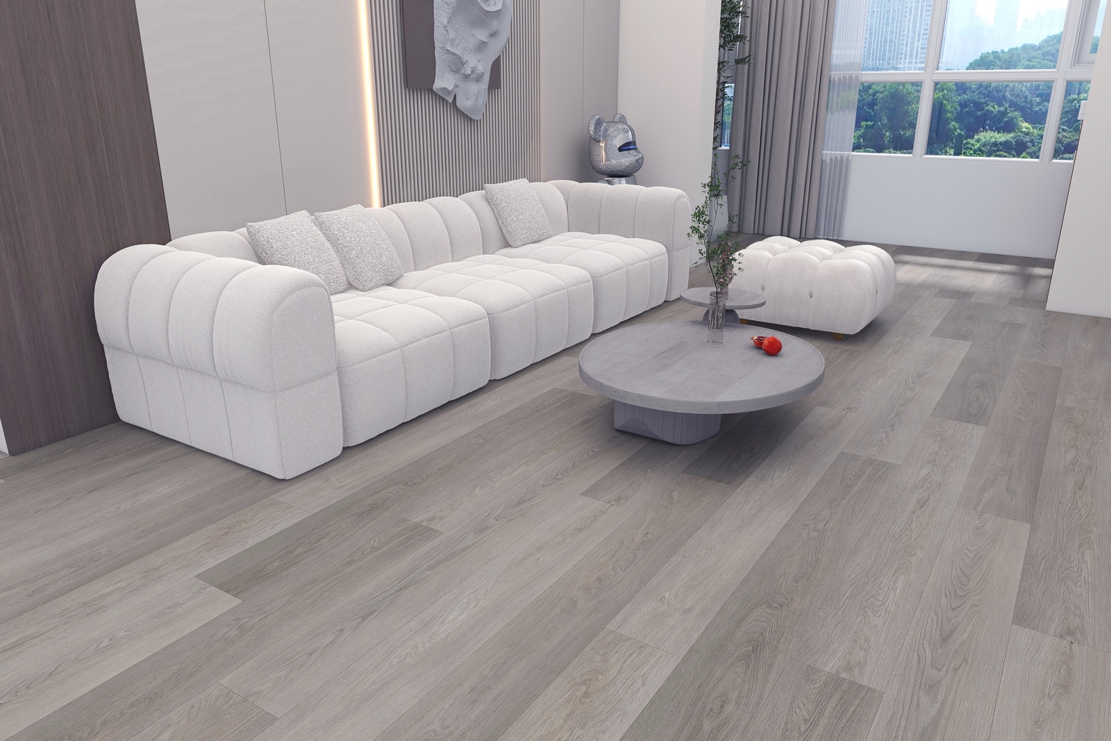 Interior visualisation with cool grey timber-effect flooring