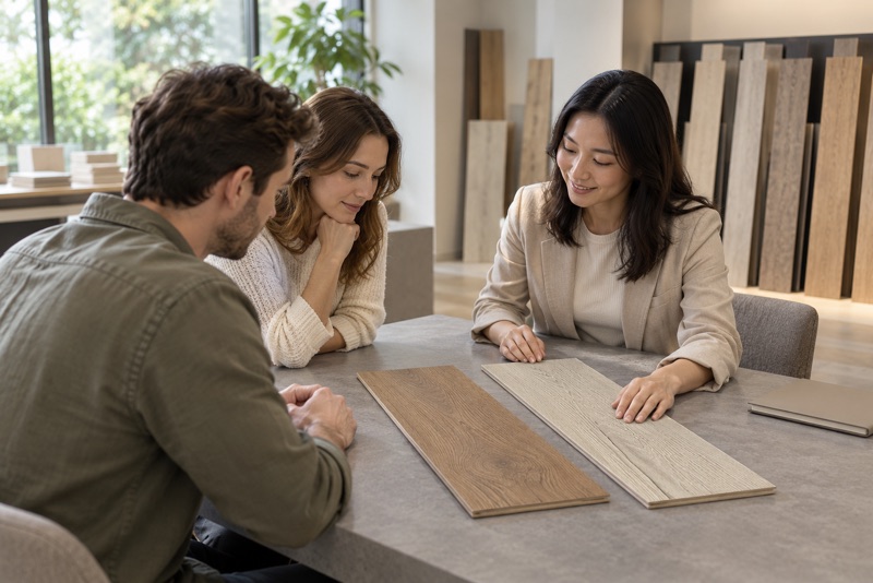 Illustrative scene of three people discussing flooring samples in a material studio