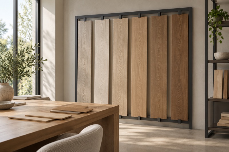 Illustrative sample room with long narrow flooring planks displayed on a wall rack